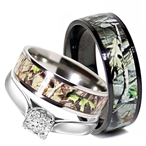 Camo Wedding Rings Set His and Hers 3 Rings Set, Stainless Steel and Titanium - Main Image