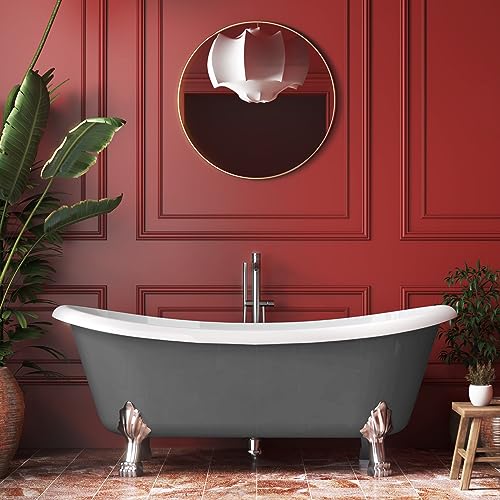 Mokleba 67" Acrylic Freestanding Bathtub, Free Standing Clawfoot Tub, Soaking Tub with Integrated Slotted Overflow, Toe-Tap Chrome Drain, cUPC Certified, 37°Grey