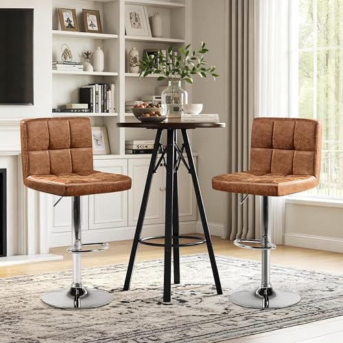 Image of Yaheetech Bar Stools Set of 2, PU Leather Swivel Barstools, Height Adjustable Counter Chairs, Modern Stools with Back for Bar Kitchen Island Dining Room, Retro Brown