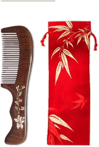 MURTYINL Wood Comb with Handle Vintage Thickened Natural Handmade Sandalwood Combs Flower Pattern Hand Drawing Fine Teeth Hair Brush Anti Static Beard Comb for Women Men Kids with Storage Bags