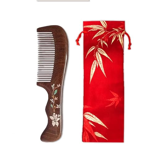 Murtyinl Wood Comb With Handle Vintage Thickened Natural Handmade Sandalwood Combs Flower Pattern Hand Drawing Fine Teeth Hair Brush Anti Static Beard Comb For Women Men Kids With Storage Bags #TOP2