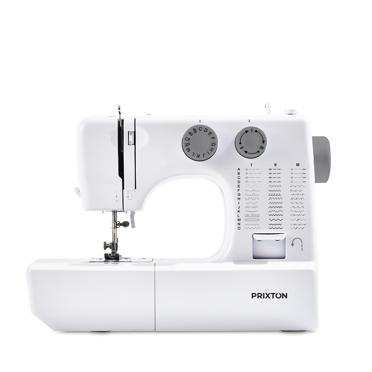 PRIXTON Máquina de Coser P135, 45 Puntadas, Ojal Automático 4 Pasos, Enhebrador Automático, Zigzag Elástico, Doble Velocidad y Luz Integrada para Arreglos y Manualidades