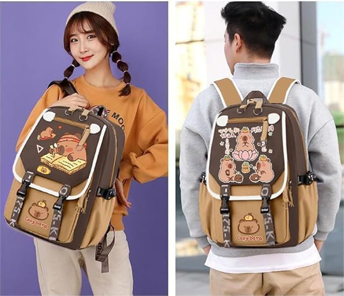 Sac à Dos D'école Mignon Capybara Avec Un Cadeau Pour L'école Primaire, Sac De Voyage Décontracté Pour Ordinateur Portable, Adorable Animal Capybara Tenant Un Cadeau, S