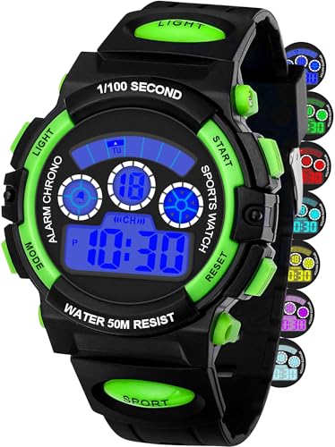 DTKID Digitale Kinderuhr Jungen Mädchen, 7-Farben-LED, Armbanduhr Kinder mit Wecker, Stoppuhr, Datum, 5 ATM wasserdichte Outdoor Sportuhr Kinder Uhren für Teenager (Dark Grün) DTKID Digitale Kinderuhr Jungen Mädchen, 7-Farben-LED, Armbanduhr Kinder mit Wecker, Stoppuhr, Datum, 5 ATM wasserdichte Outdoor Sportuhr Kinder Uhren für Teenager (Dark Grün)