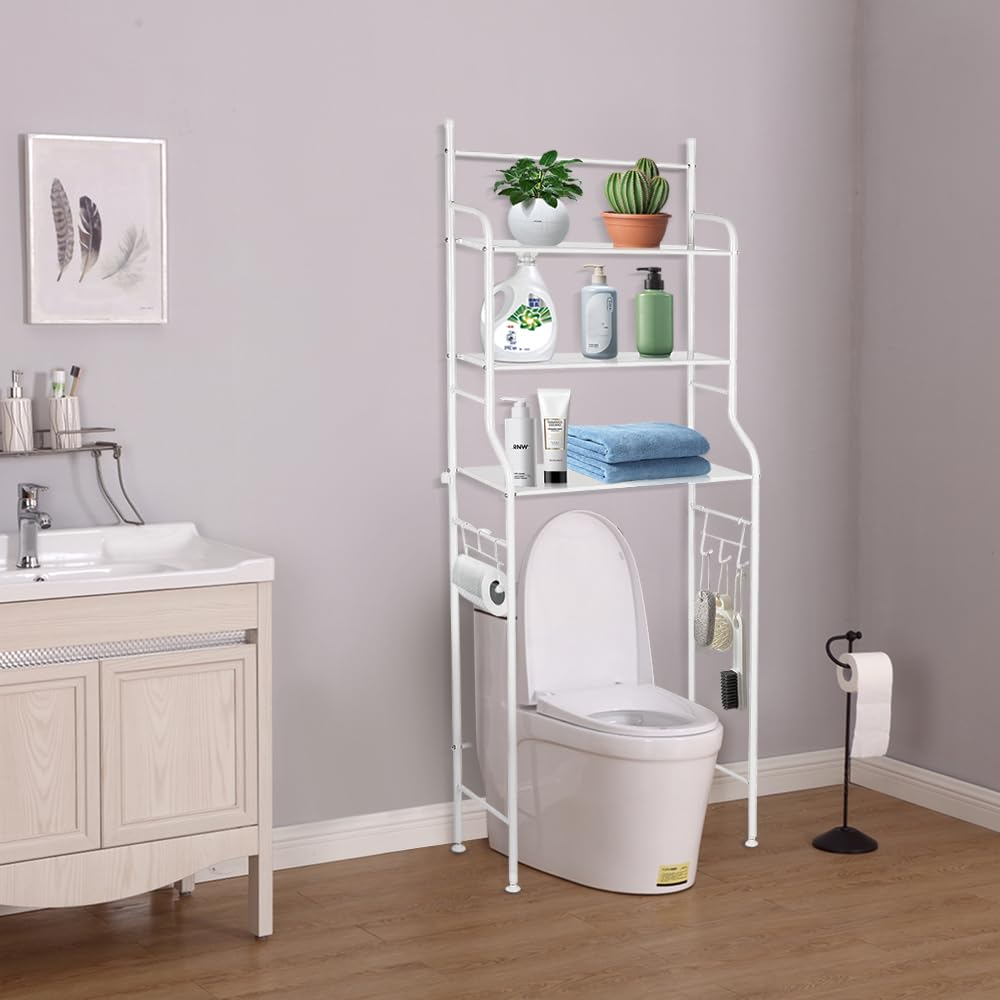 Supfine Scaffale WC a 3 ripiani, con gancio, per lavatrice sopra il WC o la lavatrice, ripiani regolabili, salvaspazio (bianco, 55 x 26 x 165 cm)
