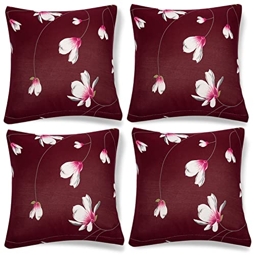 Image of HOKIPO Stretchable Cushion Cover for Sofa 16x16 Pack of 4, Wine Red Flowers (AR-4098-D11*4)