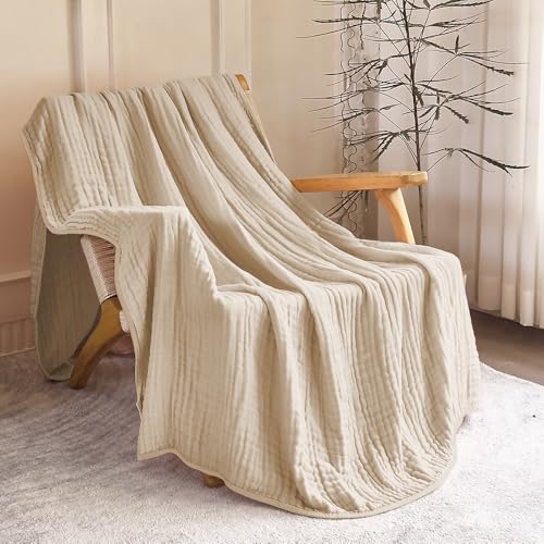 Image of SANACYNA Queen Size Muslin Blankets for Adults 100% Cotton 6-Layer Gauze Light Tan Cooling Throw Blanket Lightweight Soft Breathable Blanket for Sofa Coverlet Both Sides (Light Tan, Queen 90 inch X 90 inch)