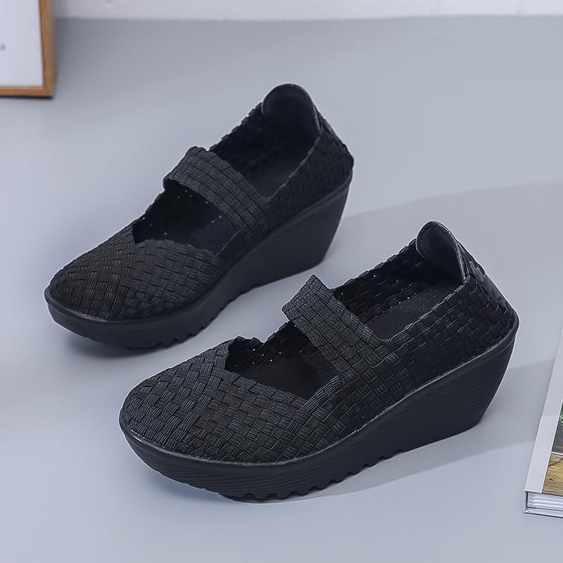 Veroders Women's Woven Elastic Platform Sandals Platform Wedge Sandals for Women Slip-On Wedge Woven Pumps Shoes 889 Black 412