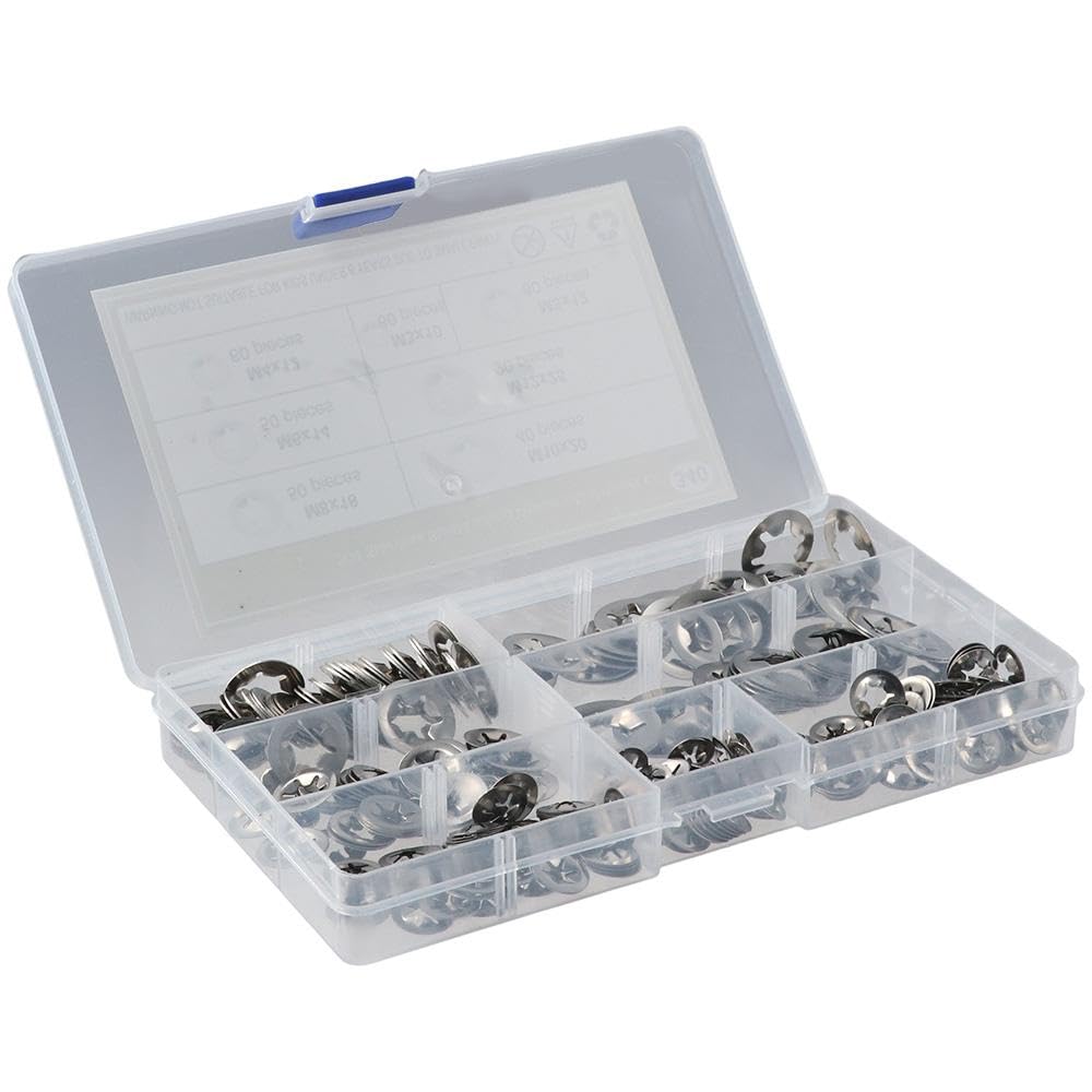 HOBBYIN 340Pcs Stainless Steel Internal Tooth Starlock Washers Assortment Kit, M3 M4 M5 M6 M8 M10 M12 Push On Lock Washers, Push Nuts