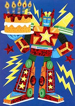 Paper House Productions Red Foil and Yellow Robot Holding Cake Juvenile Birthday Card for Kids Children