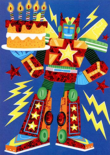 Paper House Productions Red Foil and Yellow Robot Holding Cake Juvenile Birthday Card for Kids : Children