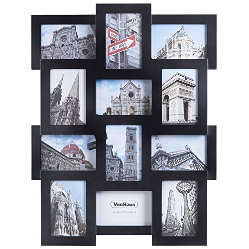 VonHaus 12 x Decorative Collage Picture Frames for Multiple 4x6 Photos - Black Wooden Hanging Wall Photo Frame with 12 Openings Hooks Included