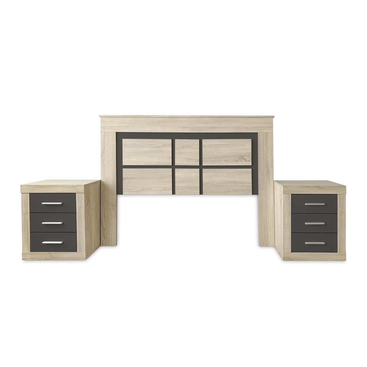 Somnia Descanso - Pack Cabecero Nórdico Mandi de 160 x 120 cm + 2 Mesitas de Noche | Diseño Práctico y Elegante | Colores Cambria y Grafito (para Cama de 135-140 o 160)