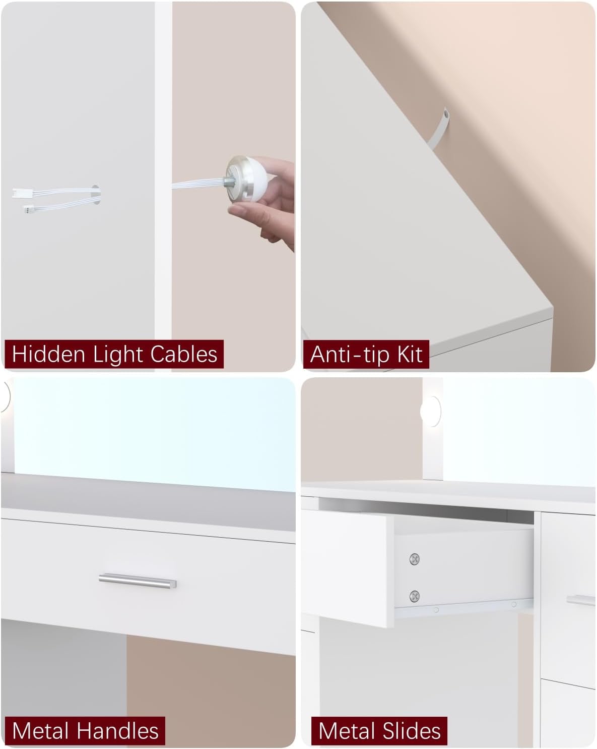 Irontar Vanity Table, Makeup Table with Lighted Mirror, 3 Color Lighting Modes, Brightness Adjustable, Dressing Table with Metal Sliding Drawers, Bedroom Vanity Desk for Women, Girls, White WDT004W