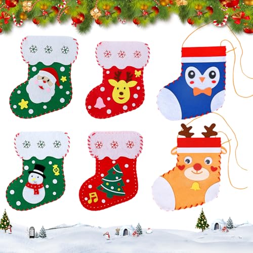 Cosiesnest 6 unidades de Navidad de fieltro para manualidades, calcetines de fieltro de Navidad con reno, árbol de Navidad, Papá Noel, muñeco de nieve, adornos de muñeco de nieve, kits de calcetines