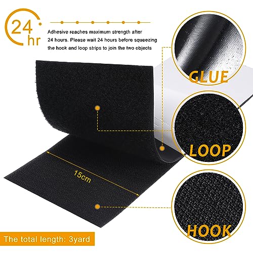 Hook and Loop Tape Double Sided Hook and Loop Tape with Adhesive Back Fastener Strip Reusable Double Side Hook Roll Sticky Glue Nylon Patch, Black (6 Inch Width 3 Yard Length)