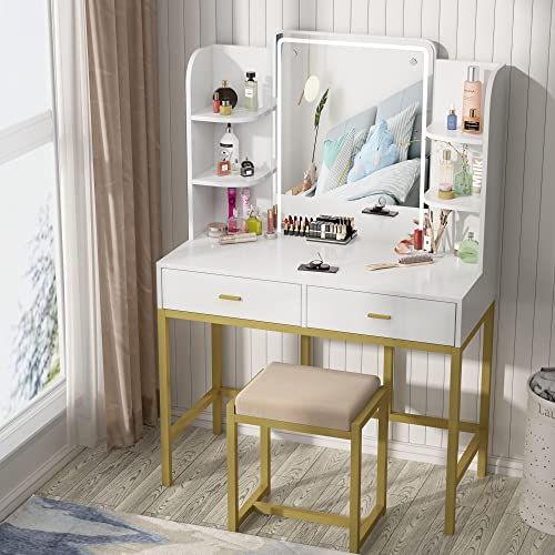 Aousthop Vanity Set With Lighted Mirror, Makeup Vanity Dressing Table With Led Lights, Storage Shelves, Cushioned Stool & 2 Drawers, Dresser Desk For Bedroom, Gold-White #TOP2