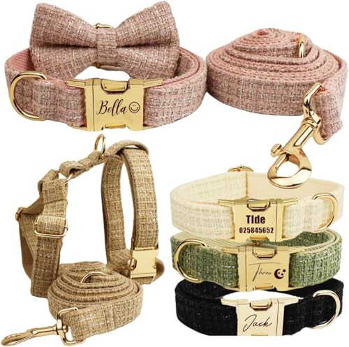 Personalized Dog Collar with Custom Engraved Name Tag – Adjustable Soft Durable Pet ID Collar, Optional Matching Leash, Unique Puppy Collar Gift for Dog Owners (Woolen Chanel Style)