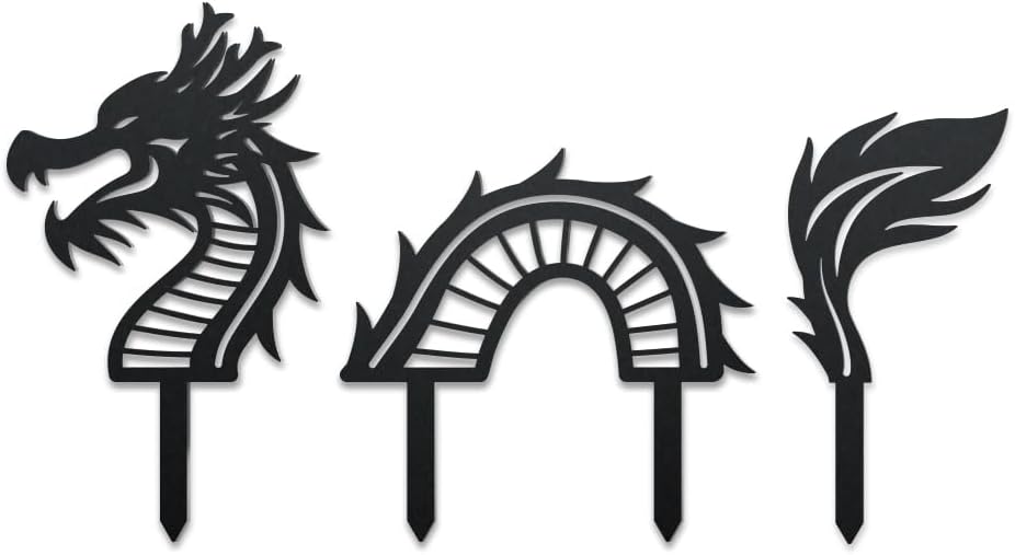 WADORN 3 Styles Dragon Metal Decorative Garden Stakes, Funny Chinese Dragon Metal Silhouette Statues Animals Garden Ornament Gifts Black Yard Art Decoration for Outdoor Backyard Patio Lawn Walkways