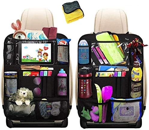 Heyham Car Backseat Organizer, Car Organiser for Kids with 10.1"iPad Tablet Touch Screen Holder & 12 Storage Pockets Seat Back Protectors Kick Mats for Toy Bottle Book Drink (2 Pack)