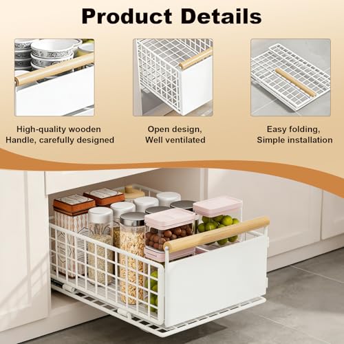 Pull Out Cabinet Organiser, 2PCS pull out kitchen storage Foldable, 23.5 * 11 * 39.5~56.5cm, Kitchen Cupboard Organiser with Handle, Adjustable Drawers, Slide Out Drawers for Kitchen Cabinets, White - Image 4