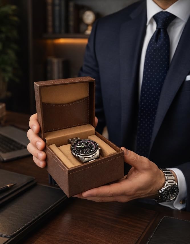 Image of Watch Organiser Display Box Made in Leatherette and Suede with Contarst thread Topstitch | For Men &Women | Gift For Any Occasion (Set of 2 - Black &Tan)