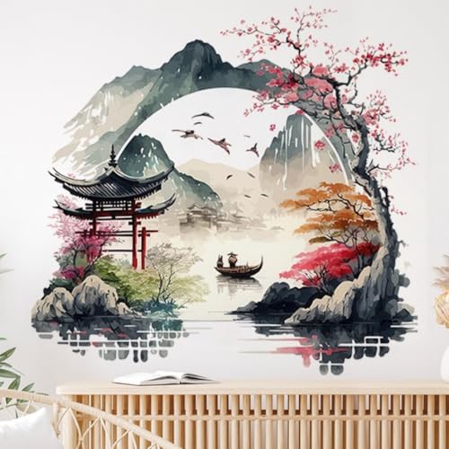 COVPAW Sticker mural Paysage Chinois Peinture Autocollant Mural Salon Chambre Montagne Pavillon Chine Porte Rivière Bateau Sticker Mural Chambre d'enfant Cuisine Bureau...