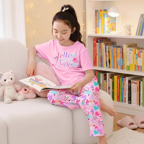 Image of FIOBEE Girls Pajamas Sets 2PCS Summer Pajama Sleepwear Kids Pjs Clothes Short Sleeve for Teen Girl Size 3-14
