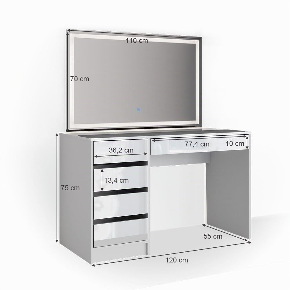 Vicco Tavolo da toeletta Sherry, Bianco, 120 cm | con illuminazione a LED, con illuminazione LED e grande specchio rettangolare