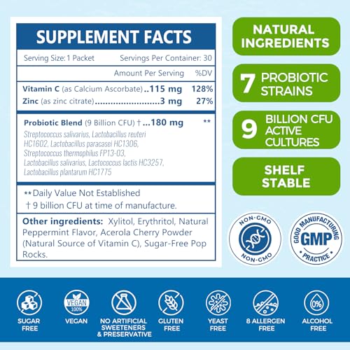 Image of NATURE TARGET Oral Probiotics for Bad Breath - Popping Probiotic Powder | 9 Billion CFU with Zinc & Natural Vitamin C for Healthy Teeth & Gums | 30 on-the-go Packets | Sugar-Free | Natural Mint Flavor