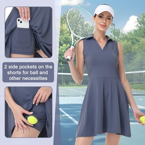 Bezioner Tenniskleid Damen mit Shorts A-Linie Sportkleid Frauen Ärmellos Golfkleid Damen mit 4 Taschen Tennis Outfit Marineblau M