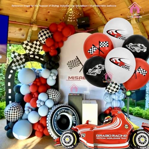 Image of Party Warehouse Racing Car Balloon Set for Birthday - 7 Pieces | Race Theme Foil Balloons for Race Lovers | Tyre & Checkered Flag Balloons for Kids /Adults Party Decorations | Red Car