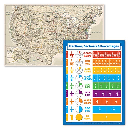 2 Pack - Antique Style USA Map + Fractions, Decimals & Percentages Math Chart (Laminated, 18