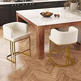 Rongbuk Set of 2 Modern Barrel Bar Stools, 26' Velvet Counter Height Stools with Comfy Backrest and Arms, Metal Frames for Counter, Kitchen Island, Pub, Ivory