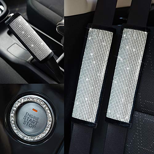 Valleycomfy Soft Velvet Seat Belt Shoulder Pads with Bling Rhinestones Car Bling Seat Belt Covers for Women, Crystal Handbrake Cover, Bling Ring Set Bling Car Accessories 4 Pack Set Universal