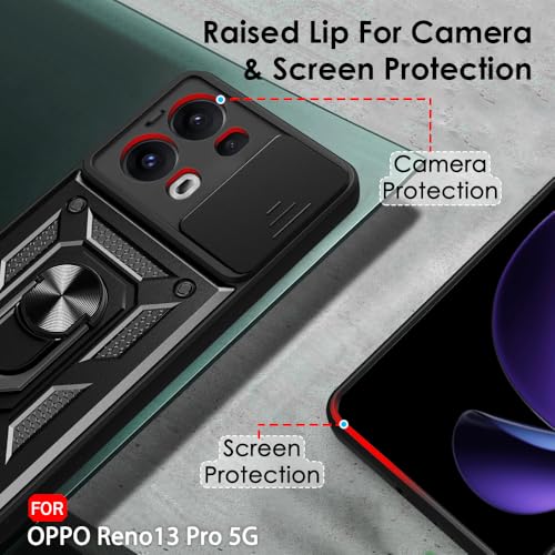 Image of TheGiftKart Tough Armor Bumper Back Cover Case for Oppo Reno 13 Pro 5G | Sliding Camera Cover, Kickstand & Ring Holder | 360 Degree Protection Back Cover for Oppo Reno13 Pro 5G (PC & TPU, Black)