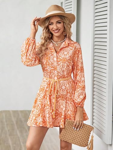 Image of Shasmi Girl's & Women's Printed Belted Shirt Dress - Long Sleeve Vacation Outfit | Boho Beach Style | Stylish Casual & Party & Office Wear Outfit (Dress 230)