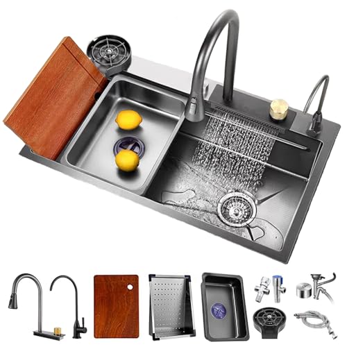 Oficina, Sports Fregadero De Cocina Cascada De Negro Tazón Cuadrados Gris De Acero Inoxidable De Fregadero De Cocina Con Arandela De Copa Y Grifo Extraíble En Cascada (Color...