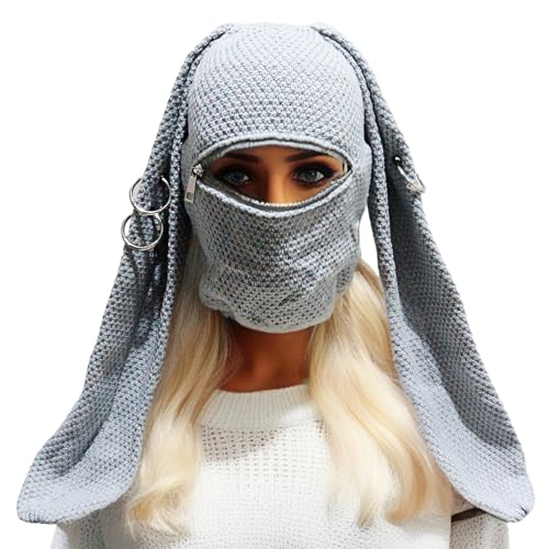 Bonnet tricoté à capuche longues oreilles lapin pour adulte protection froid