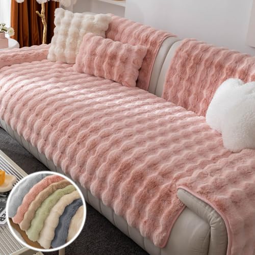 senmew Piel Gruesa de Conejo Funda Sofa, Cubre Sofa Adecuado para 1/2/3/4 Plazas y Sofa Chaise Longue, Funda de Sofa Impermeable Antideslizante (Rosa,90 * 240cm)