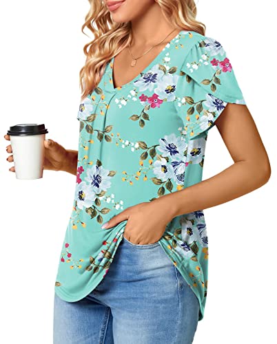 Bestbee Women's Petal Sleeve Tops V Neck Short Sleeve Shirts Cute Summer Casual T-Shirts Plus Size Loose Fit Blouses, 3Xl, Mint Green #TOP2