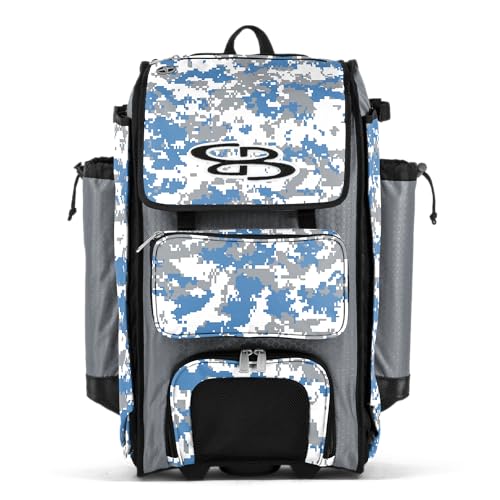 Boombah Catchers Superpack Hybrid Rolling Bat Bag - Wheeled & Backpack Version - Digtial Camo Gray/Columbia Blue