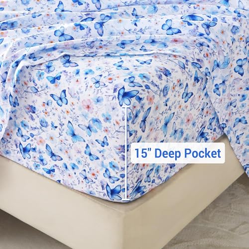 Image of Softan Full Floral Sheets, Microfiber Blue Flower Printed Fitted Sheets with Non-Slip Corner Straps and 15 inch Deep Pocket, Butterfly Patterned Cozy Bed Sheets Double Sheets & Pillowcase Sets