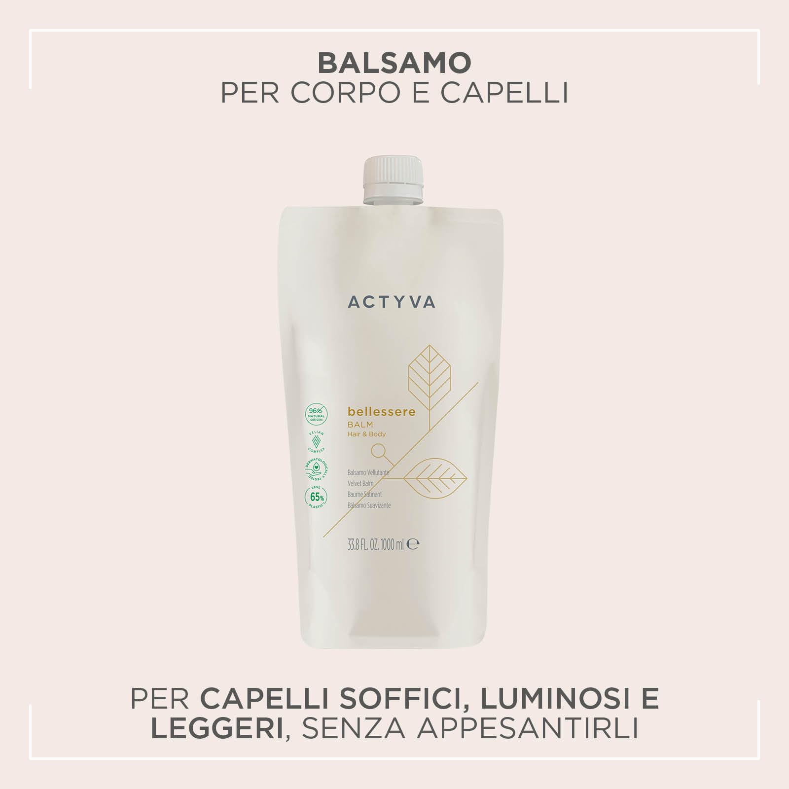 Actyva - Bellessere Balm, Balsamo per Capelli e Corpo con Azione Emolliente e Protettiva con Oli di Argan, Mandorle Dolci e Lino - 1000 ml