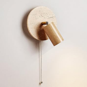 Round Yellow Travertine Wall Lamp, Stone Wall Sconce with Wooden Shade, E27 Bedside Reading Spotlight, 360+90 Adjustable Wall Light with Pull Cord Switch, Modern Simple Wall Lamps