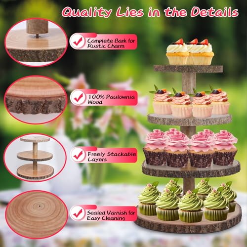 Owncolor OWNCOLOR-CUP Cupcake Stand Wooden Tiered Tray Stand 4 Tier Cupcake Holder Wood Cupcake Tower Rustic Dessert Display Stands thumb #2