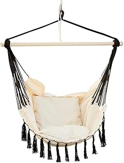 HELEN CURTAIN Al Aire Libre Mecedora Suspendido Jardín, Silla De La Hamaca para Interiores Y Exteriores, Techo Sillón con Madera Y Algodón Soporte,Blanco