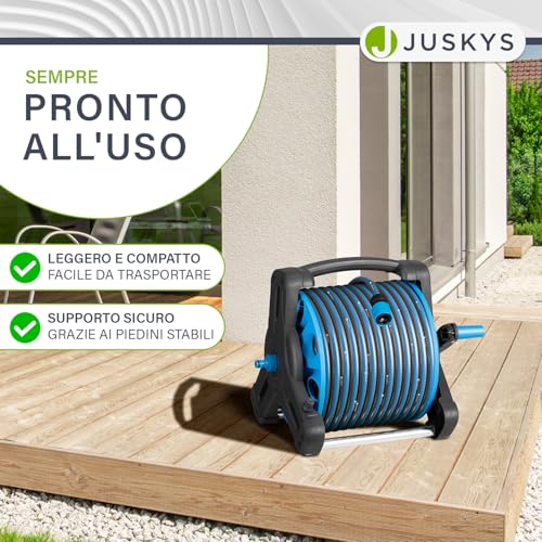 Carrello Per Tubo Juskys Con Tubo Da 30 M E Doccetta Multifunzione - Avvolgitubo Mobile Con Supporto Da Parete, Ugello — Blu Grigio Scuro - 4