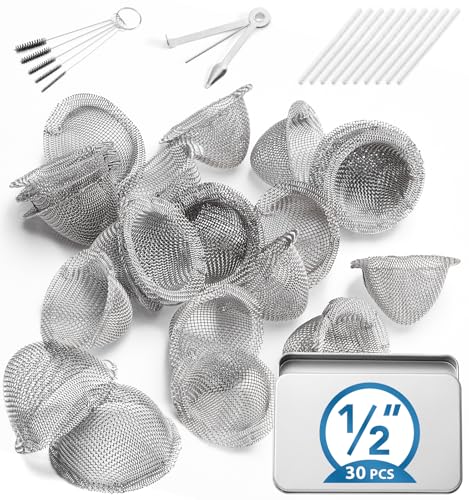Pipe Screens Filter, 1/2 Inch 30 Pcs Tapered Design Bowl Screens with Pipe Cleaners, 3 in 1 Tool, Bottle Brush, 0.5 Inch Stainless Steel Mesh with Metal Box