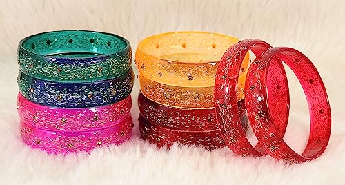 Image of NMII Glass with Glitter and Feather Design Glossy Finished Multicolor Kada Set For Girls and Women